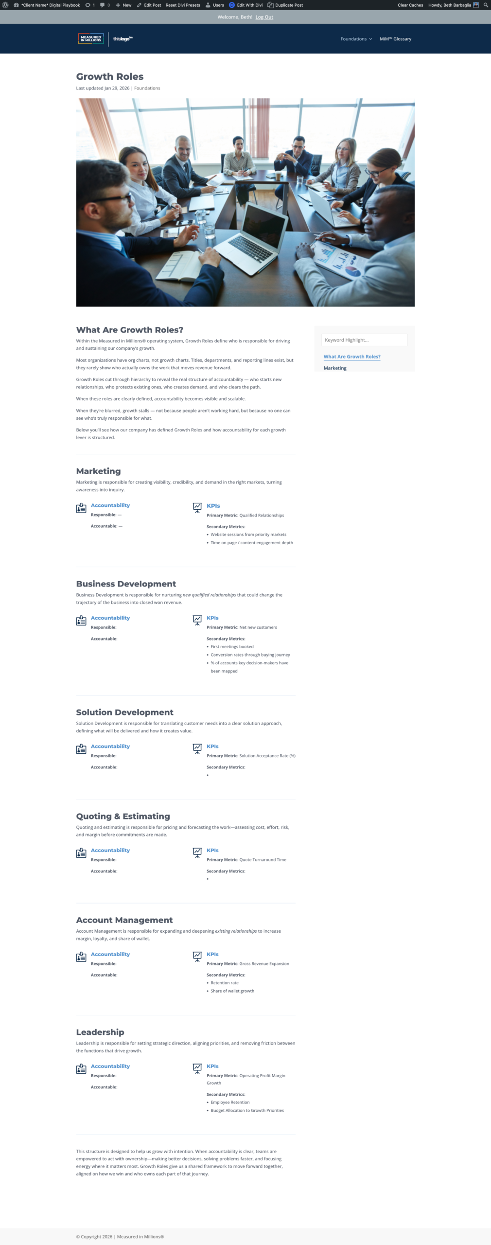 Screenshot of a Growth Roles page in the client's playbook.